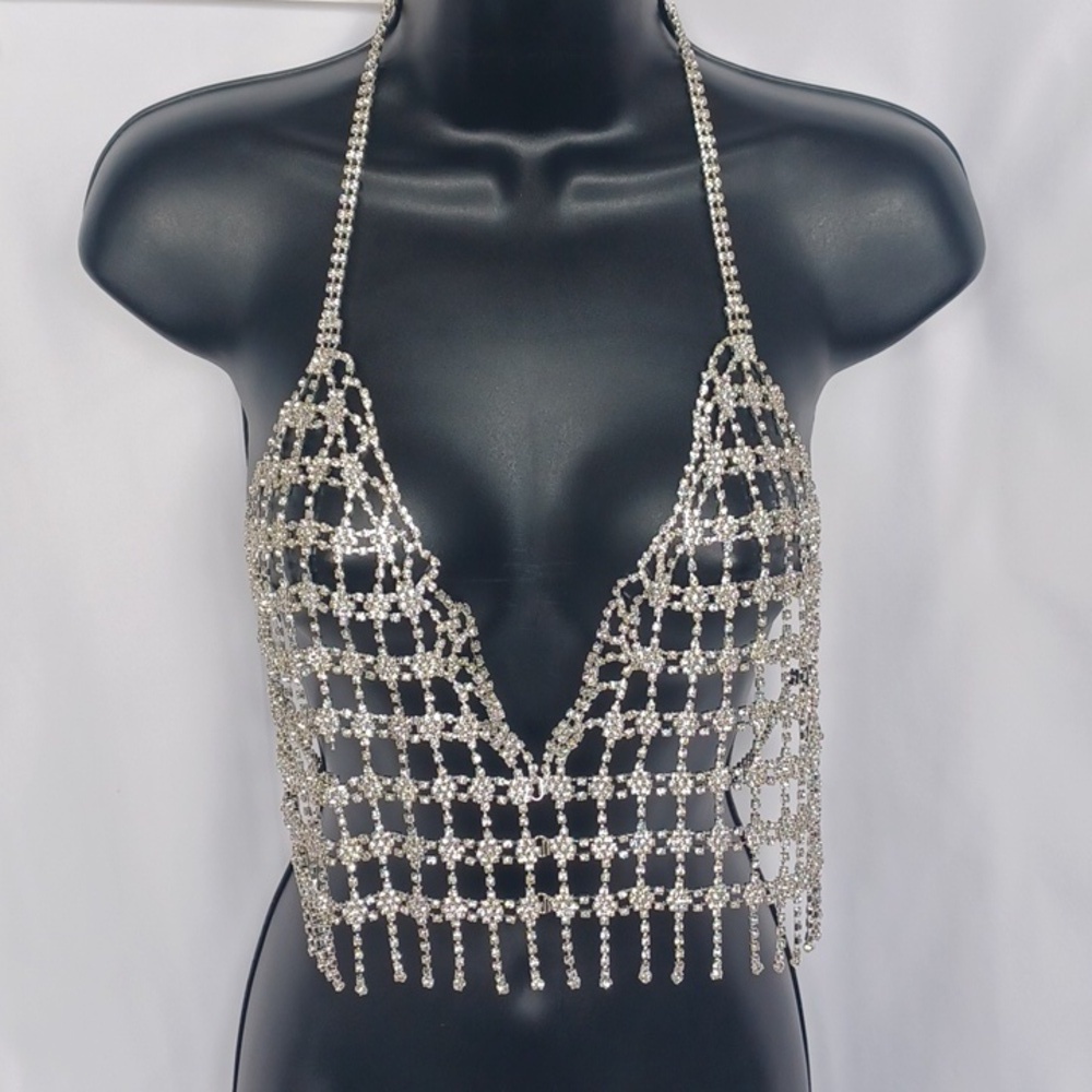 Natasha Couture Rhinestone/Crystal Fringe Bralette, 17"-21" Ptp, Extended Collar - Picture 2 of 4